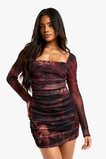 Floral Square Neck Ruched Mini Dress brown