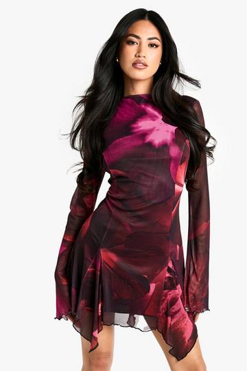 Floral Long Sleeve Godet Mini Dress plum