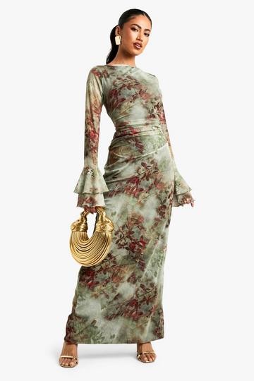 Floral Flare Sleeve Backless Mesh Maxi Dress brown