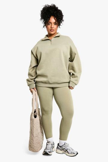 Plus Oversized Trui Met Korte Rits En Leggings Set khaki