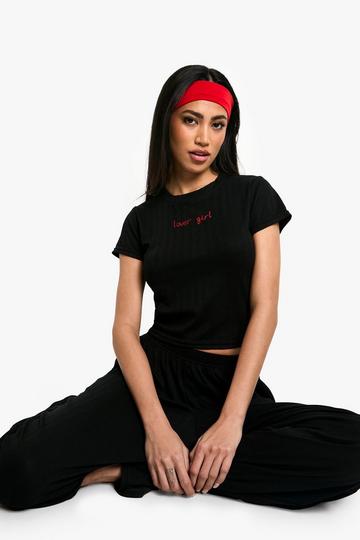 Pointelle 'Lover Girl' Slogan Short Sleeve T-Shirt & Trousers Pyjama Set black