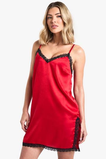 Valentines Lace Trim Satin Chemise red