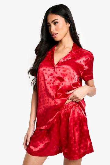 Jacquard Heart Print Satin Short Sleeved Shirt & Shorts Pyjama Set red