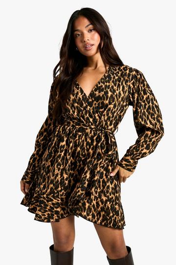 Petite Leopard Print Ruffle Woven Wrap Dress animal