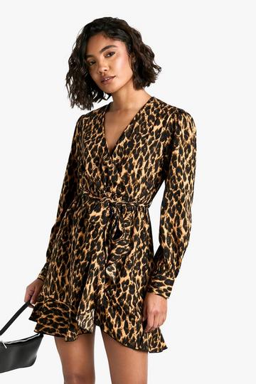 Tall Leopard Print Ruffle Woven Wrap Dress animal