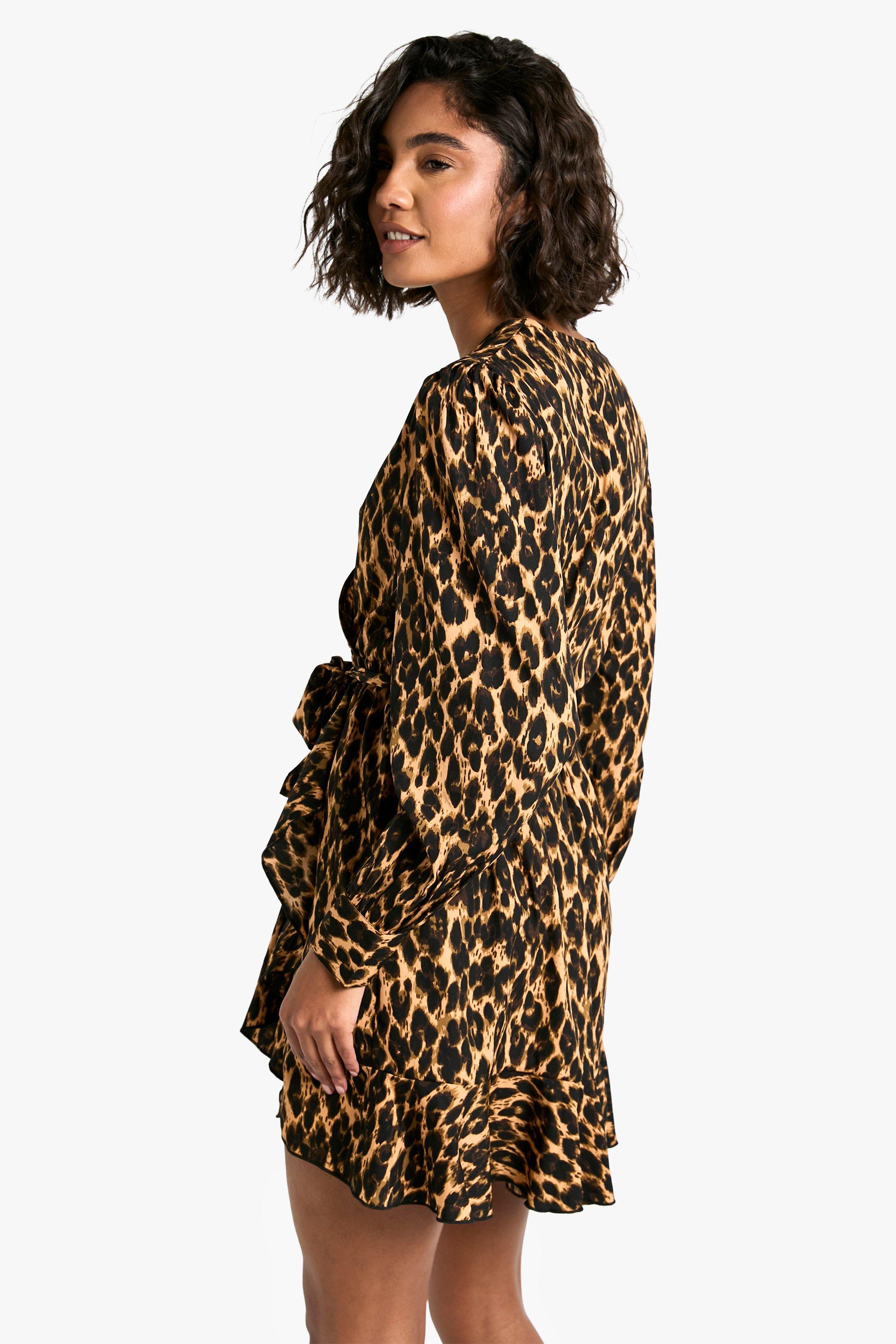 Tall Leopard Print Ruffle Woven Wrap Dress boohoo