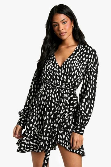 Tall Smudge Print Ruffle Woven Wrap Dress black