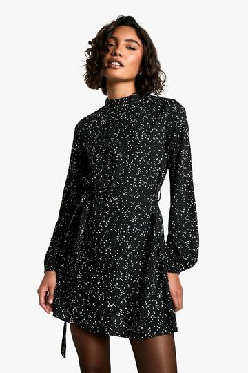 Tall Ditsy Spot Print Belted Skater Dress black