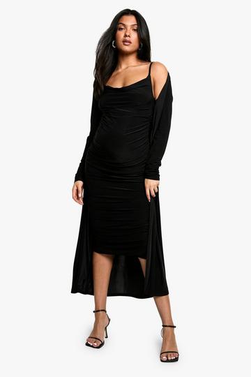 Black Maternity Strappy Cowl Neck Dress And Duster Coat