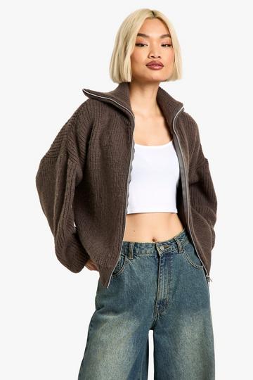 Double Ended Zip Up Brushed Knit Oversized Cardigan tobacco