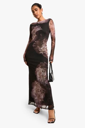 Floral Long Sleeve Mesh Maxi Dress black