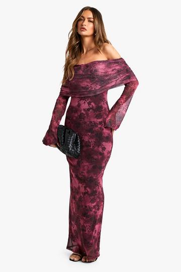 Floral Bardot Mesh Maxi Dress plum