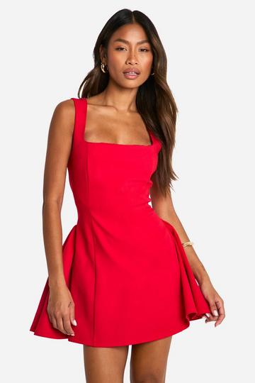 Square Neck Full Skirt Mini Dress red