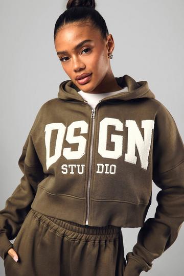 Dsgn Studio Towelling Applique Boxy Crop Zip Through Hoodie olive