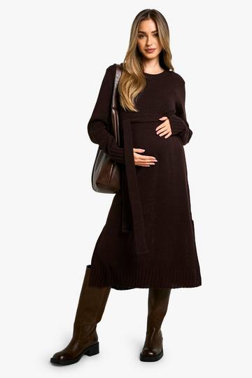 Maternity Crew Neck Jumper Midi Dress chocolate