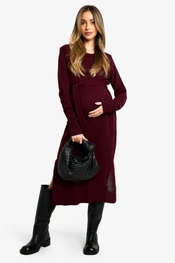 Burgundy Red Maternity Crew Neck Jumper Midi Dress