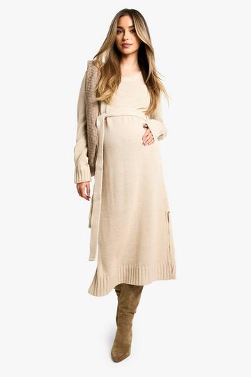 Stone Beige Maternity Crew Neck Jumper Midi Dress