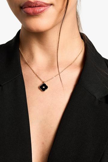 Black Enamel Diamante Detail Clover Necklace black