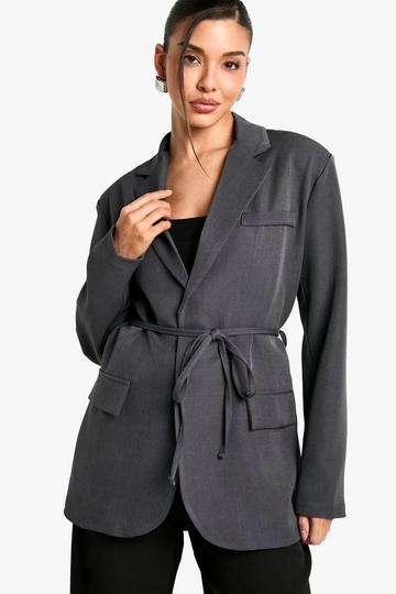 Marl Shoulder Pad Belted Blazer charcoal