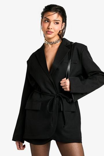 Black Marl Shoulder Pad Belted Blazer