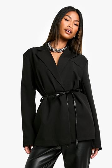 Black Marl Shoulder Pad Belted Blazer