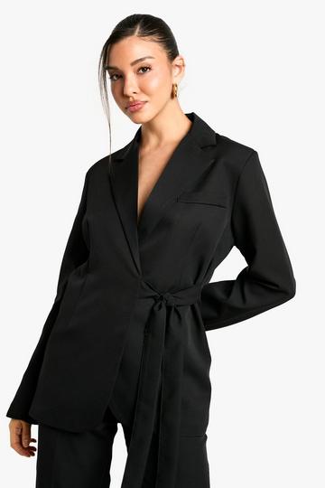 Black Woven Tailored Wrap Detail Blazer