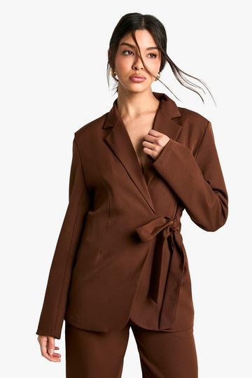 Woven Tailored Wrap Detail Blazer chocolate