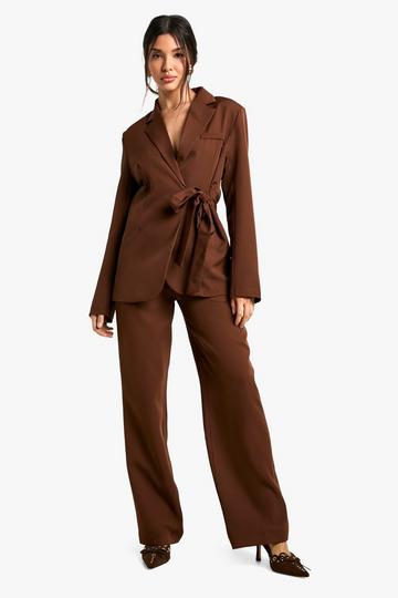 Woven Tailored Pleated Straight Leg Pants chocolate