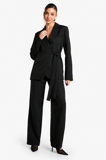 Black Woven Tailored Pleated Straight Leg Pants