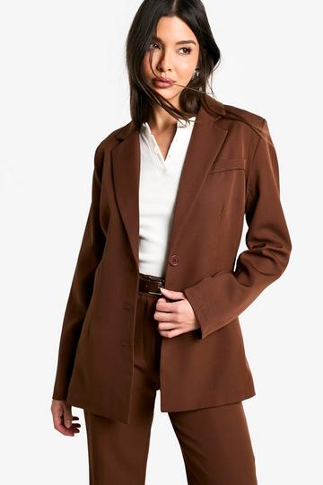 Woven Plunge Cinched Waist Blazer chocolate