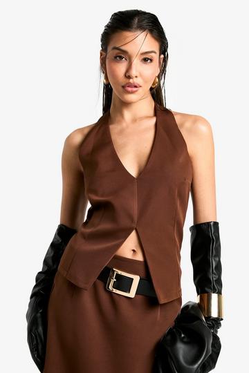 Woven Halterneck Plunge Top chocolate