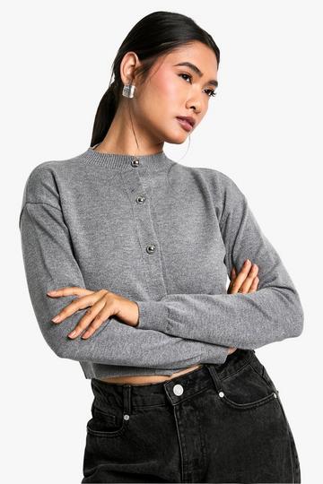 Soft Knit Boxy Crop High Neck Cardigan grey