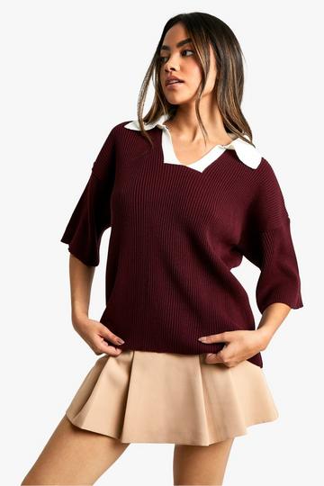 Knitted V Neck Ribbed Oversized Rugby Top burgundy