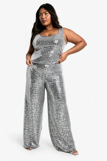 Silver Plus Sequin Wide Leg Trouser