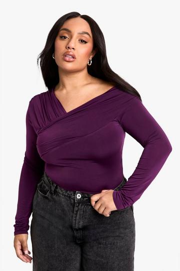 Plus Double Asymmetric Long Sleeve Bodysuit plum