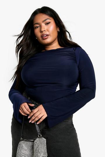 Plus Double Boat Neck Flared Sleeve Top navy