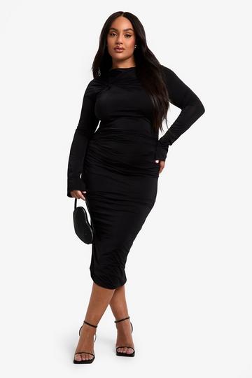 Plus Double Slinky Knot Detail Ruched Midi Dress black