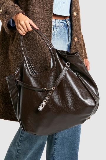 Distressed PU Strap Detail Shoulder Bag dark brown