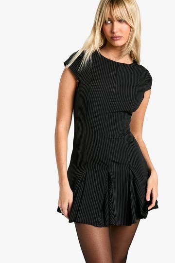 Cap Sleeve Pinstripe Box Pleat Mini Dress black