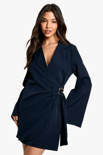 Buckle Detail Tie Waist Tailored Blazer Dress navy