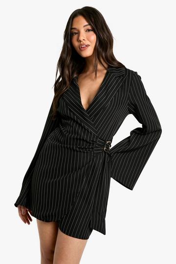 Black Pinstripe Buckle Detail Tie Waist Tailored Blazer Dress