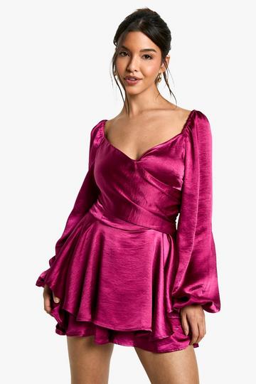 Satin Ruffle Wrap Playsuit berry