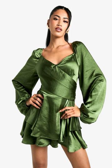 Satin Ruffle Wrap Playsuit olive