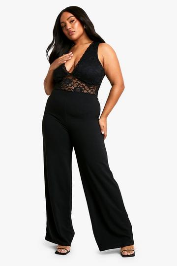 Plus Kanten Wide Leg Jumpsuit Met Laag Decolleté black