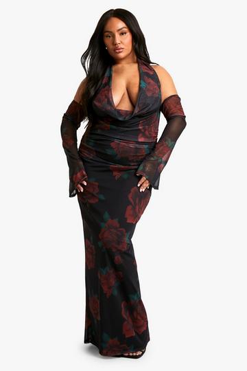 Plus Mesh Printed Cowl Neck Ruched Maxi Dress black