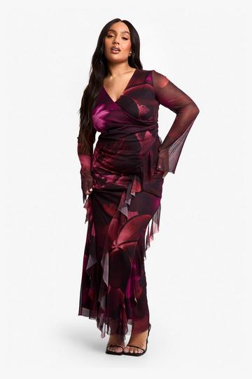 Plus Mesh Printed Ruffle Wrap Maxi Dress berry