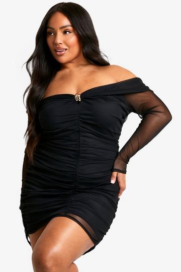 Plus Mesh Off Shoulder Trim Ruched Bodycon Dress black