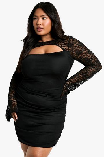 Black Plus Mesh Lace Ruched Bodycon Dress