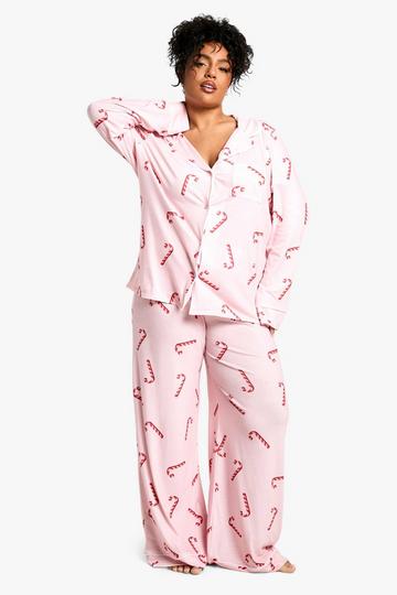 Plus Candy Cane Pyjama Set Met Blouse Met Lange Mouwen En Broek pink