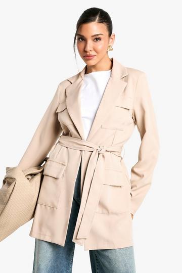 Tailored Pocket Detail Belted Blazer beige